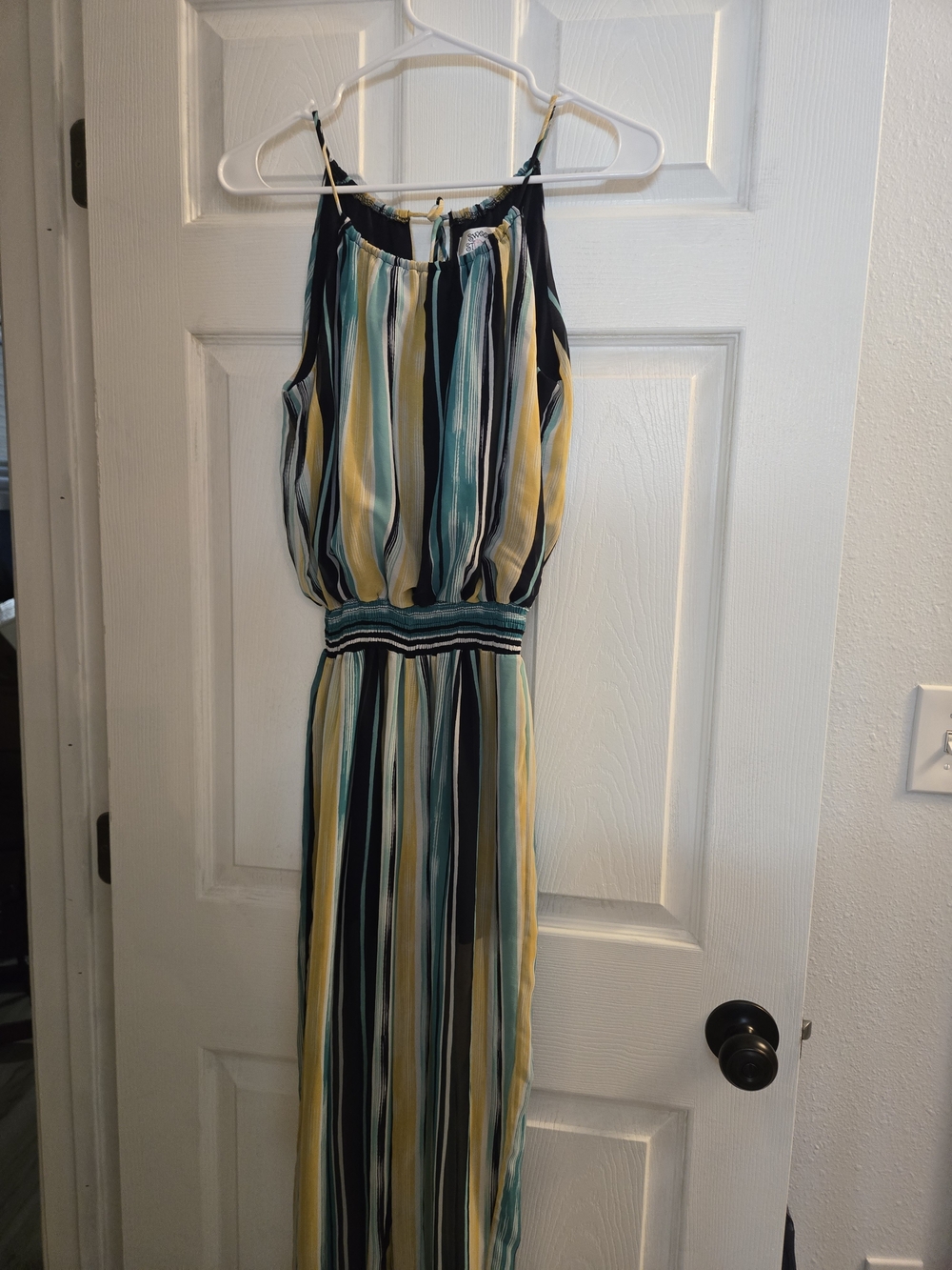 Sweet Storm Black Maxi Dress with Teal, Yellow & White Stripes